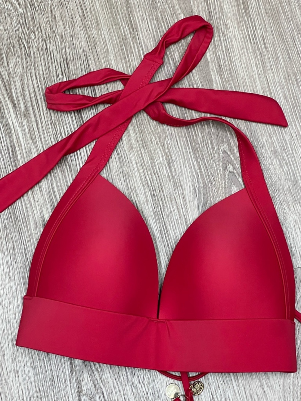 Red Halter Bikini Top With Cups Tie Back - Picture 2 of 6